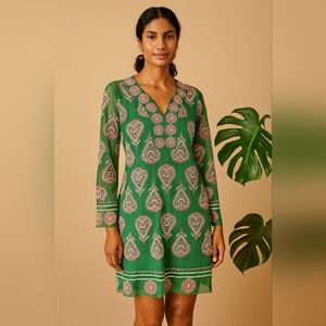 Iris Apfel Rava Avis Green Embroidered Mesh Tunic Dress